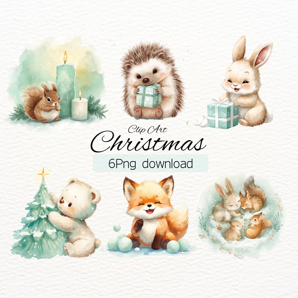 ふわふわベビーアニマルのクリスマス水彩アート(背景透過PNG 6点+追加素材)