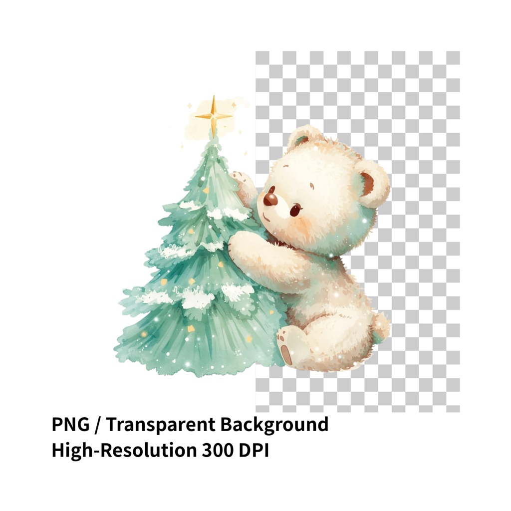 ふわふわベビーアニマルのクリスマス水彩アート(背景透過PNG 6点+追加素材)
