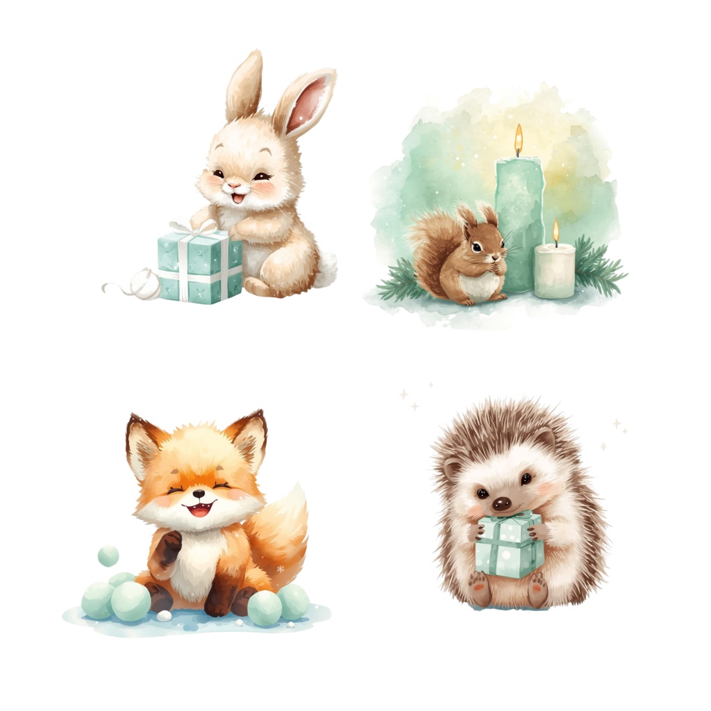ふわふわベビーアニマルのクリスマス水彩アート(背景透過PNG 6点+追加素材)