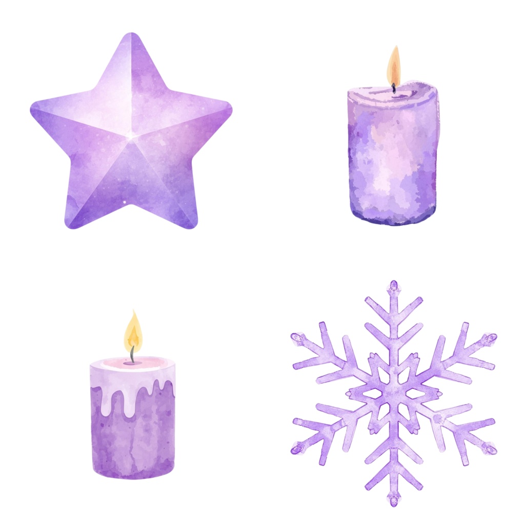 ゆめかわパープルキャンドル|水彩クリスマス素材(背景透過PNG)