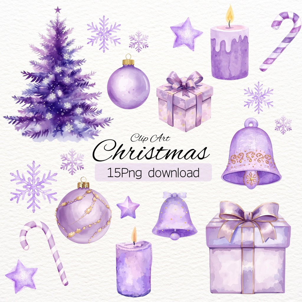 ゆめかわパープルキャンドル|水彩クリスマス素材(背景透過PNG)