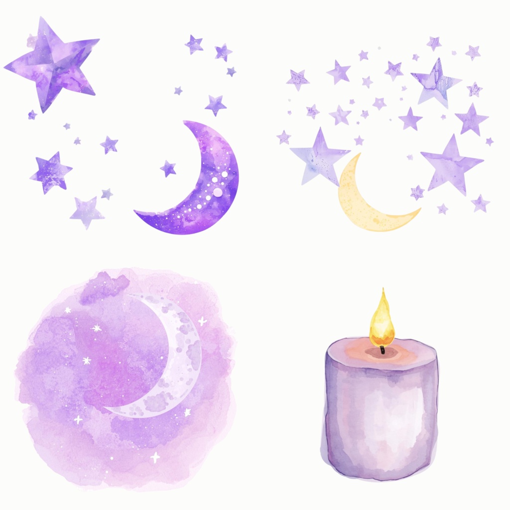 パステルパープル 冬のクリップアートセット|水彩タッチ 冬アイコン素材 PNG(30点)