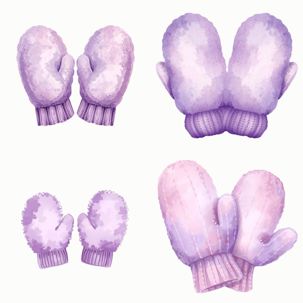 パステルパープル 冬のクリップアートセット|水彩タッチ 冬アイコン素材 PNG(30点)