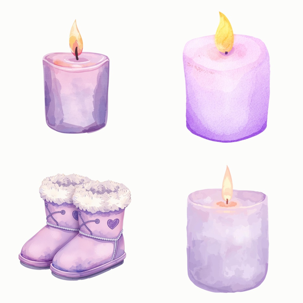 パステルパープル 冬のクリップアートセット|水彩タッチ 冬アイコン素材 PNG(30点)