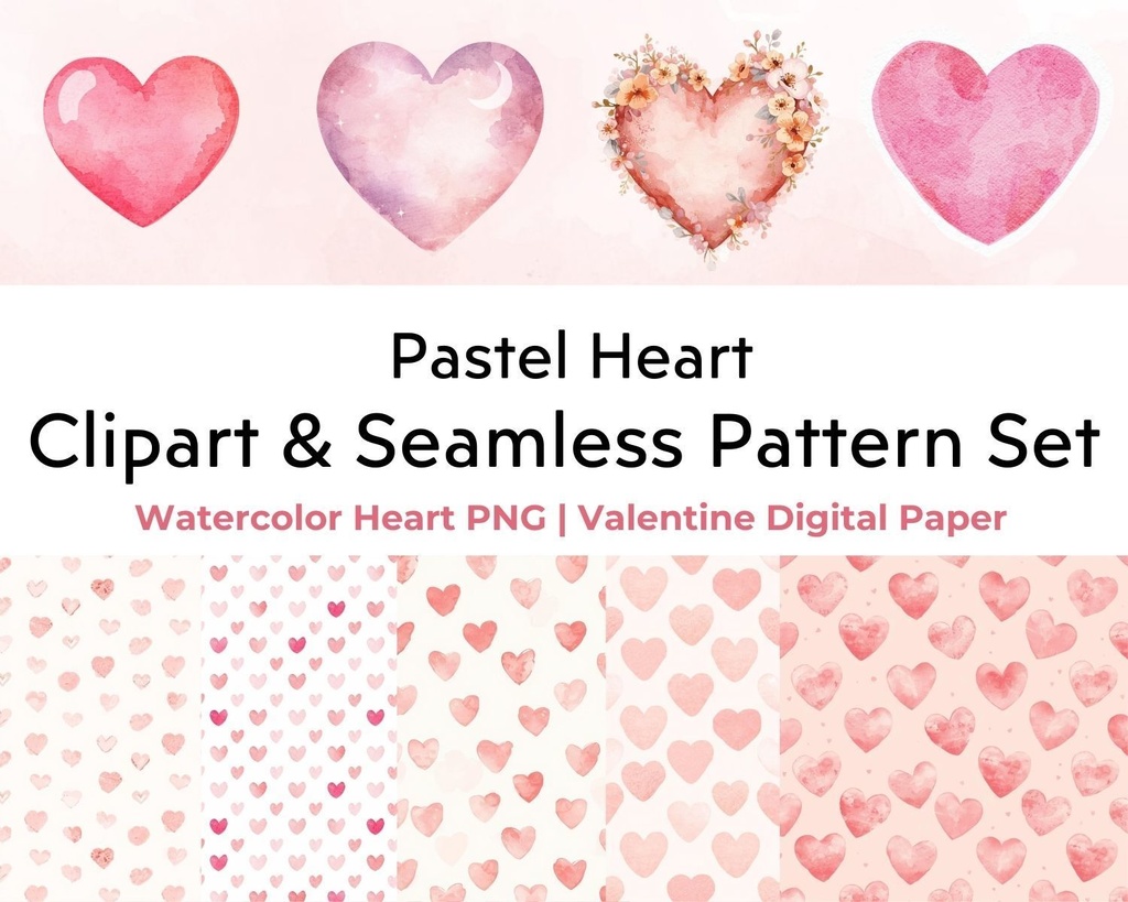 Pastel Heart Clipart & Seamless Pattern Set | Watercolor Heart PNG | Valentine Digital Paper 