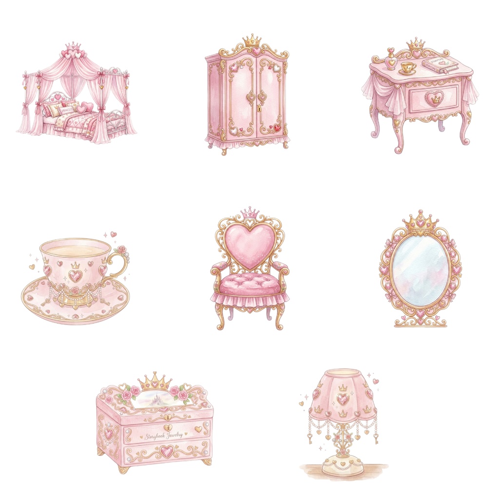 【無料サンプルあり】プリンセスのピンクお部屋素材セット 16枚 | 水彩家具・配信素材・Vtuber・地雷系・背景透過PNG