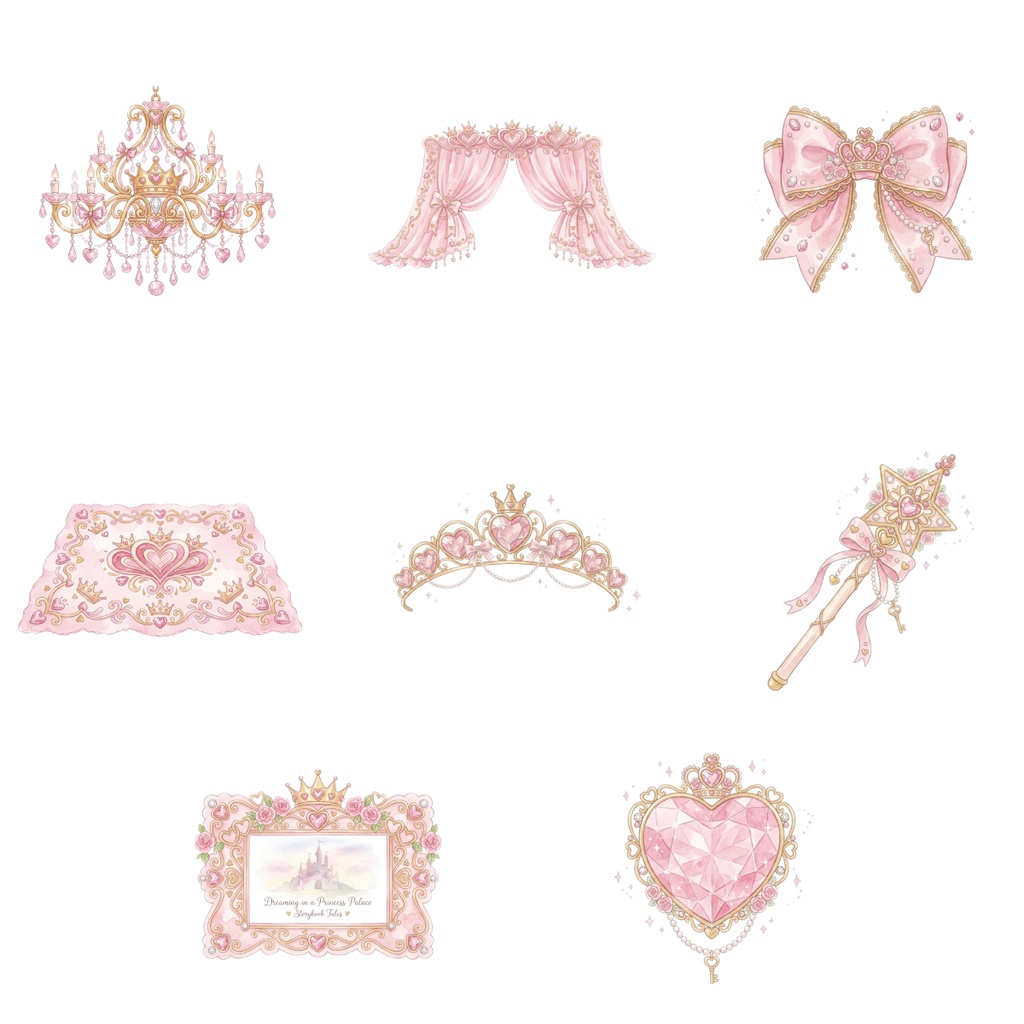 【無料サンプルあり】プリンセスのピンクお部屋素材セット 16枚 | 水彩家具・配信素材・Vtuber・地雷系・背景透過PNG