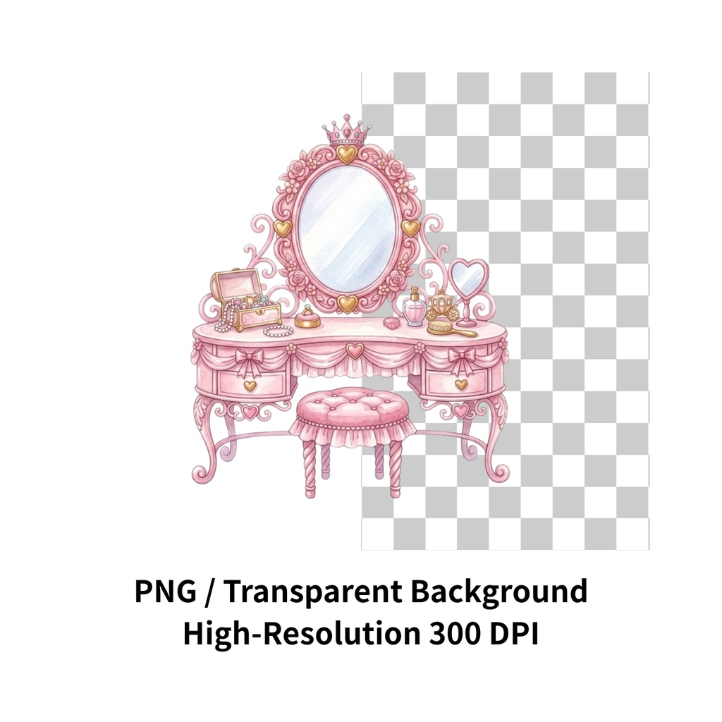 【無料サンプルあり】プリンセスのピンクお部屋素材セット 16枚 | 水彩家具・配信素材・Vtuber・地雷系・背景透過PNG