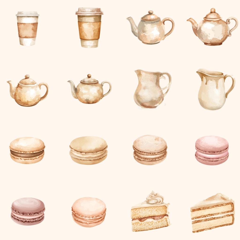 【無料サンプルあり】大人可愛い水彩カフェ素材集 65種|背景透過PNG|配信画面・お部屋背景・手帳デコ・パン素材