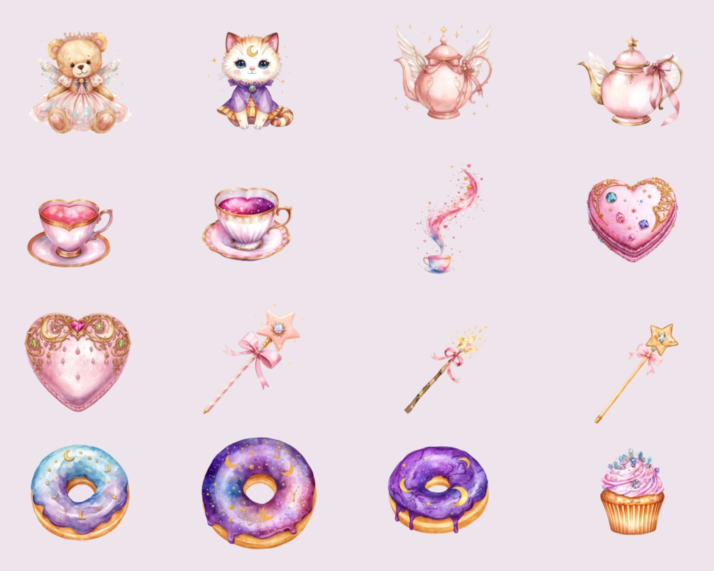 【PNG素材】魔法少女のお茶会 クリップアート32点セット - Magical Girl Tea Party Clip Art