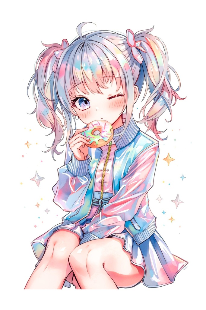 【水彩画風】ホログラフィック魔法少女 アート4点セット(背景透過PNG)✨