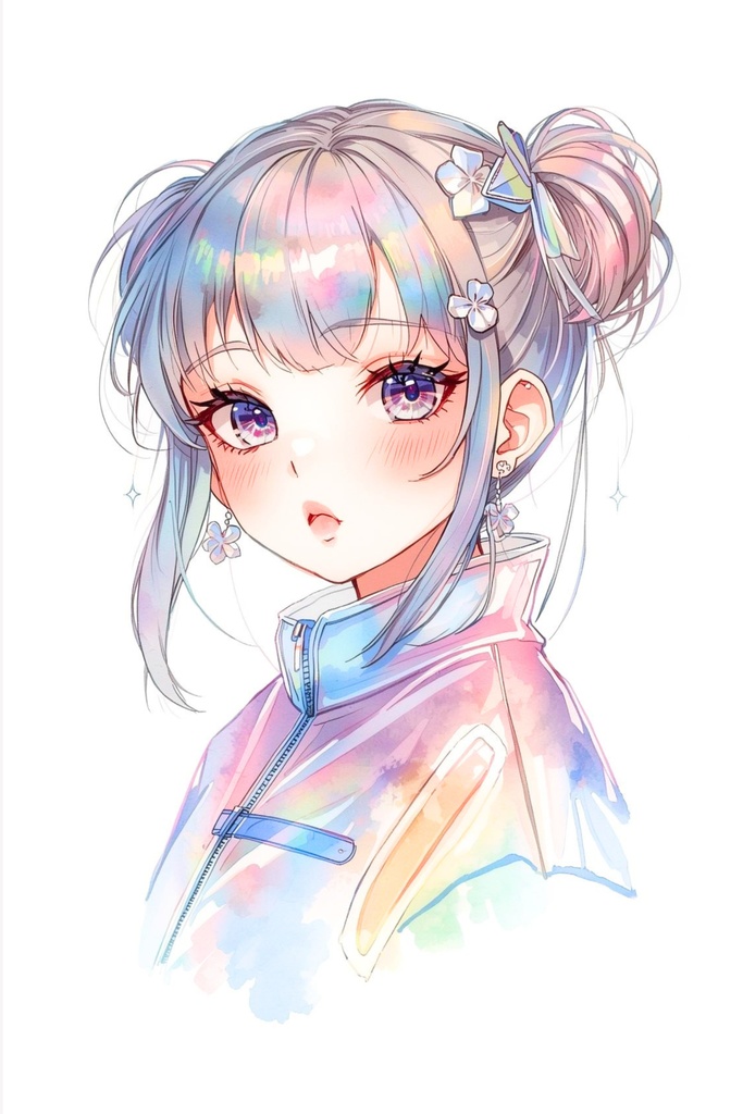 【水彩画風】ホログラフィック魔法少女 アート4点セット(背景透過PNG)✨