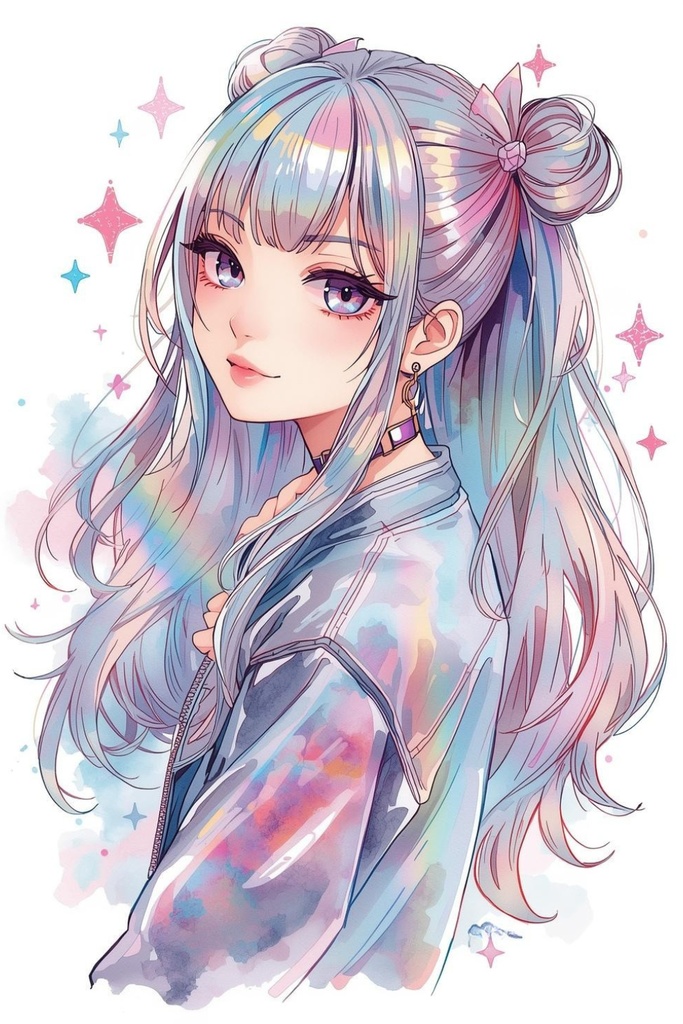【水彩画風】ホログラフィック魔法少女 アート4点セット(背景透過PNG)✨