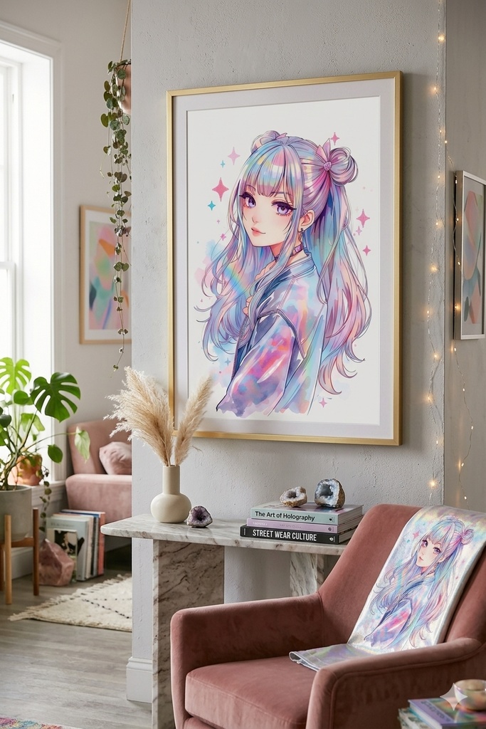 【水彩画風】ホログラフィック魔法少女 アート4点セット(背景透過PNG)✨
