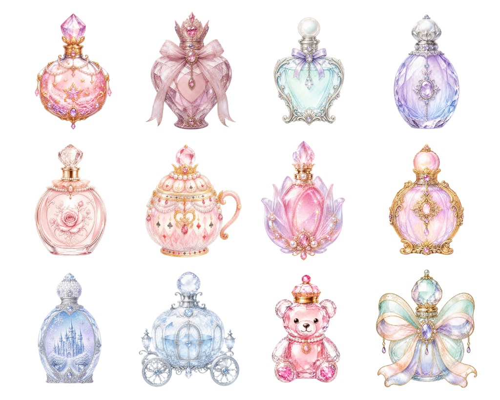 【32種】ゆめかわ香水瓶クリップアート|透過PNG・Canvaテンプレート