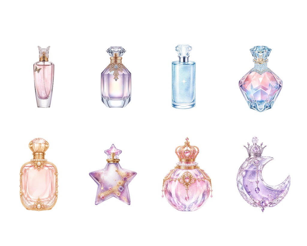 【32種】ゆめかわ香水瓶クリップアート|透過PNG・Canvaテンプレート