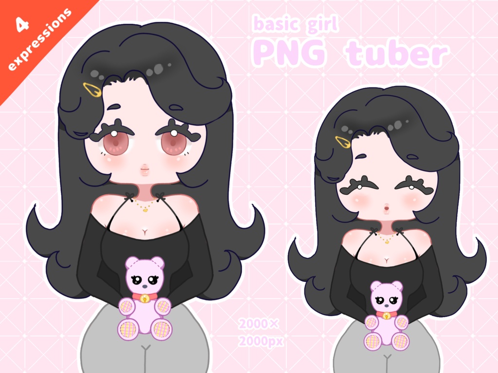 Cute Aesthetic PNGtuber Model | Chibi Gamer Girl with Bear Plush | Ready to Use Twitch Assets