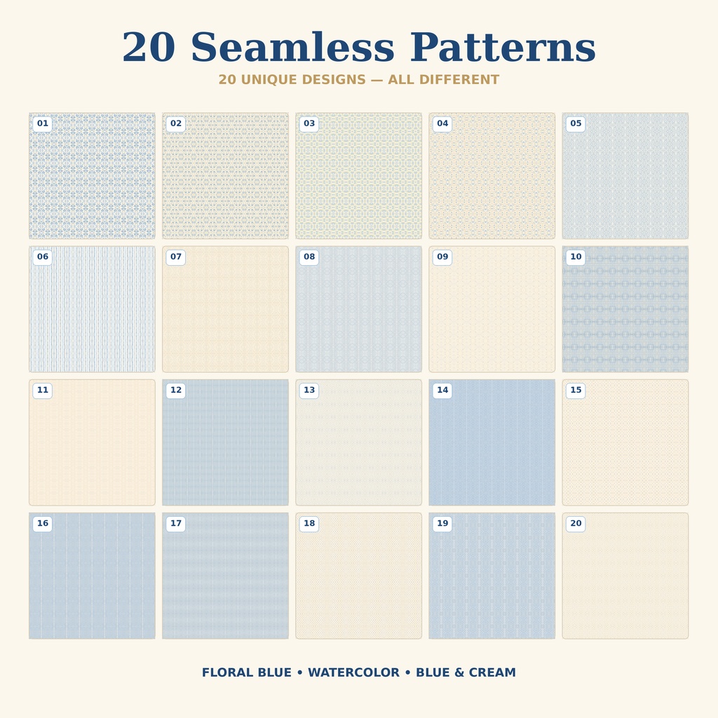 Floral Blue Seamless Pattern 20|水彩フローラル・シームレスパターン20種