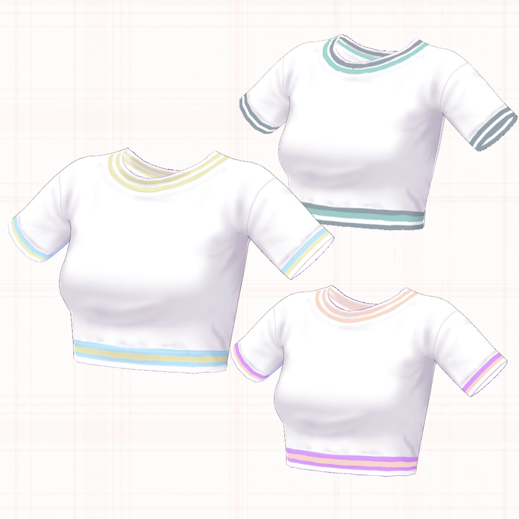 ★無料公開中★【VRoid正式版】パステルラインクロップTシャツ 3色セット/Pastel_Line_Crop_Tee 3 color