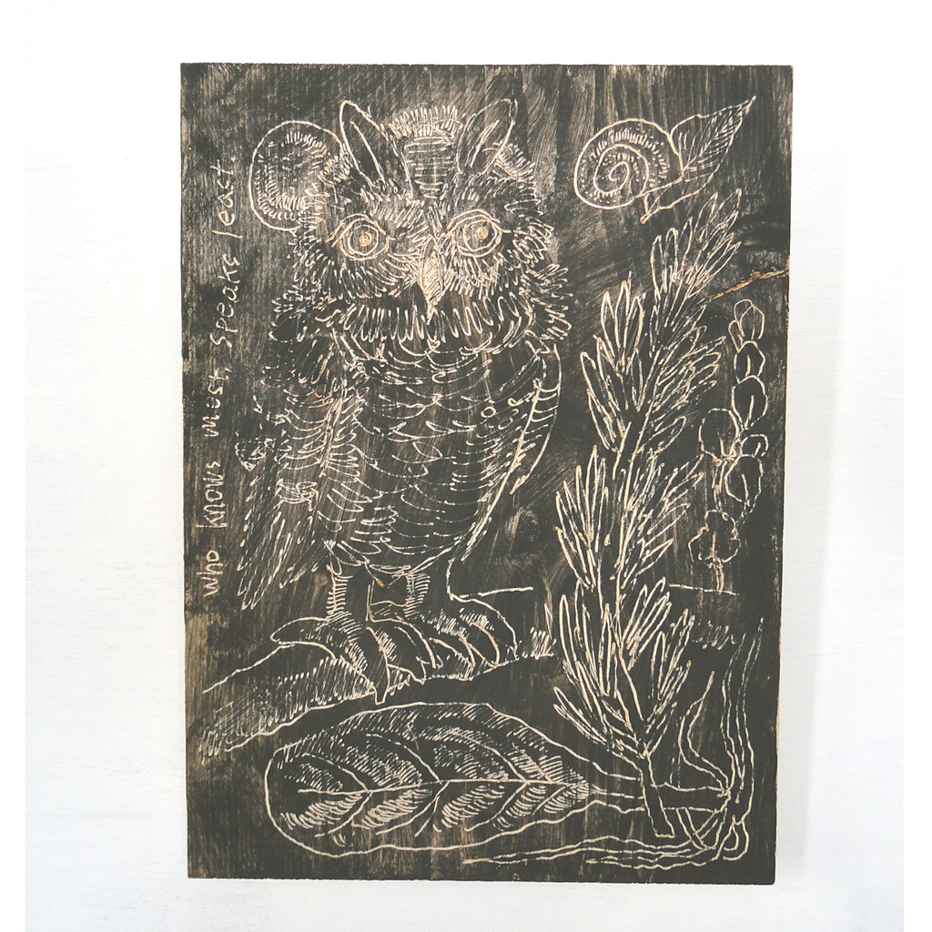 フクロウと深い森のウッドバーニングアート 原画 絵画 植物の絵 木雑貨 木工 アクリル画