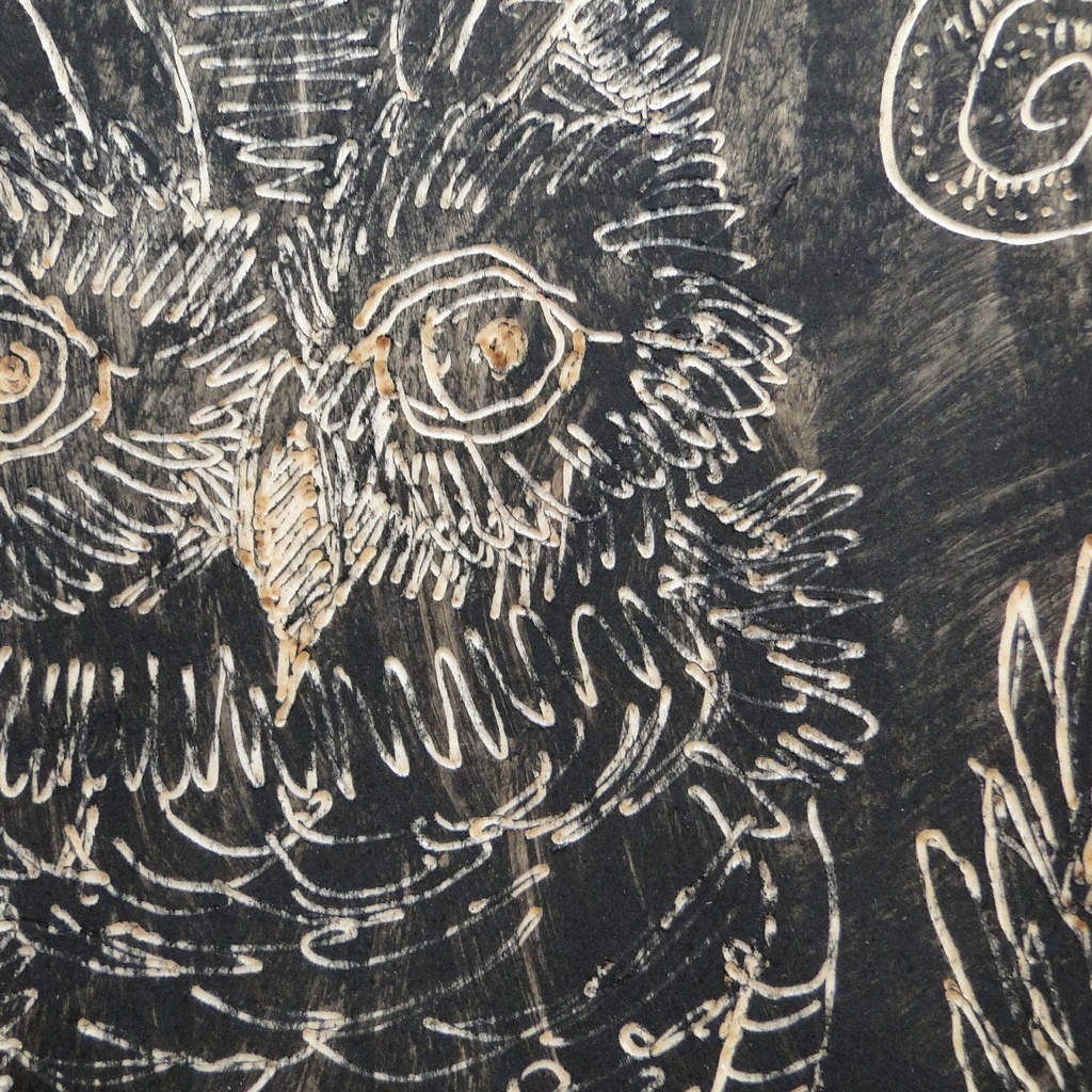 フクロウと深い森のウッドバーニングアート 原画 絵画 植物の絵 木雑貨 木工 アクリル画