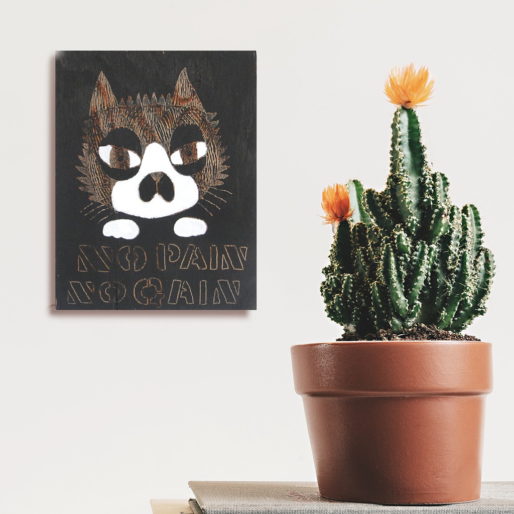 ハチワレ猫のウッドバーニングアート 原画 絵画 動物の絵 木雑貨 木工