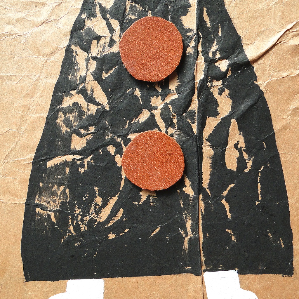 ヴィンテージ風くしゃくしゃアート 原画 絵画 キャンバス画 革ボタン ベージュ No18