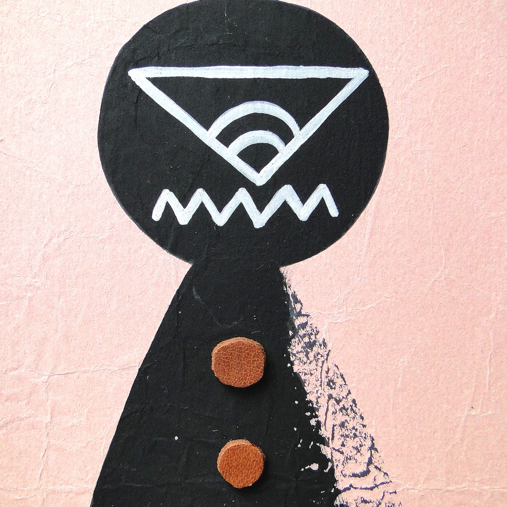 ヴィンテージ風くしゃくしゃアート 原画 絵画 キャンバス画 革ボタン ピンク No15