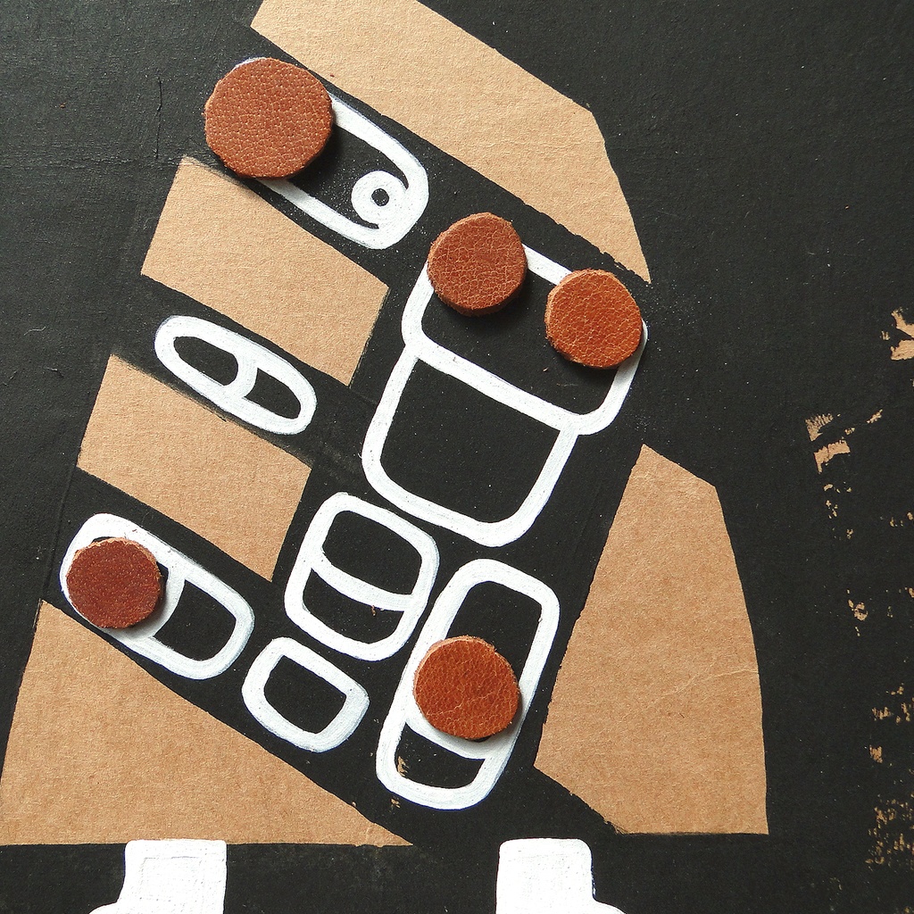 ヴィンテージ風くしゃくしゃアート 原画 絵画 キャンバス画 革ボタン 黒 No14