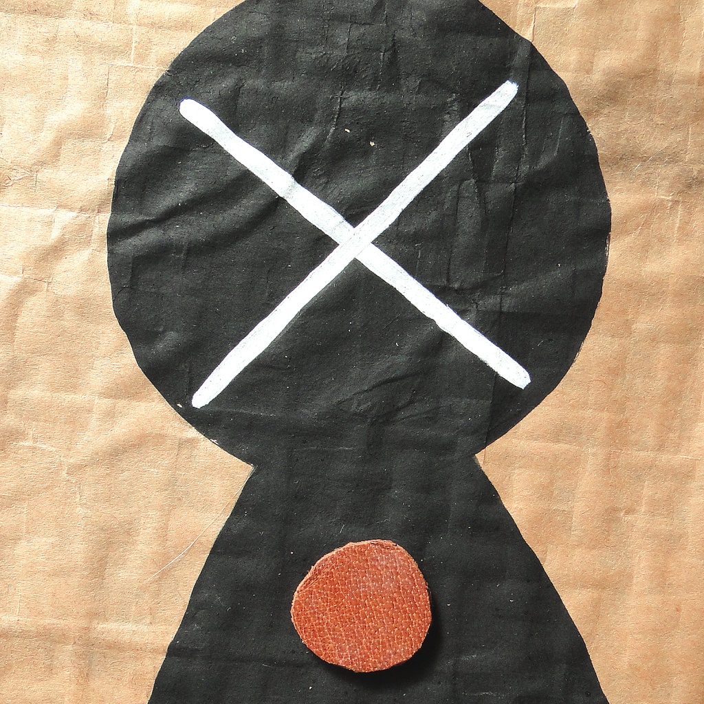 ヴィンテージ風くしゃくしゃアート 原画 絵画 キャンバス画 革ボタン ベージュ No12