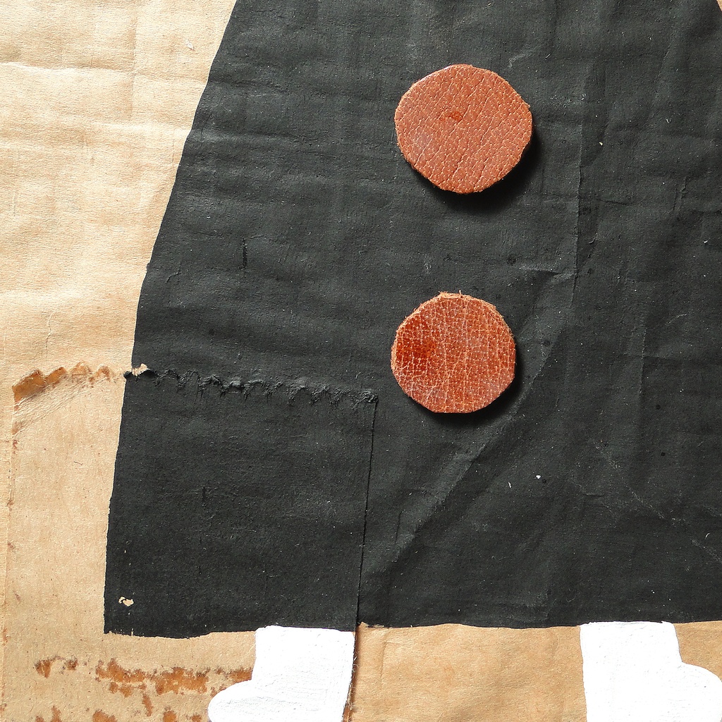 ヴィンテージ風くしゃくしゃアート 原画 絵画 キャンバス画 革ボタン ベージュ No12