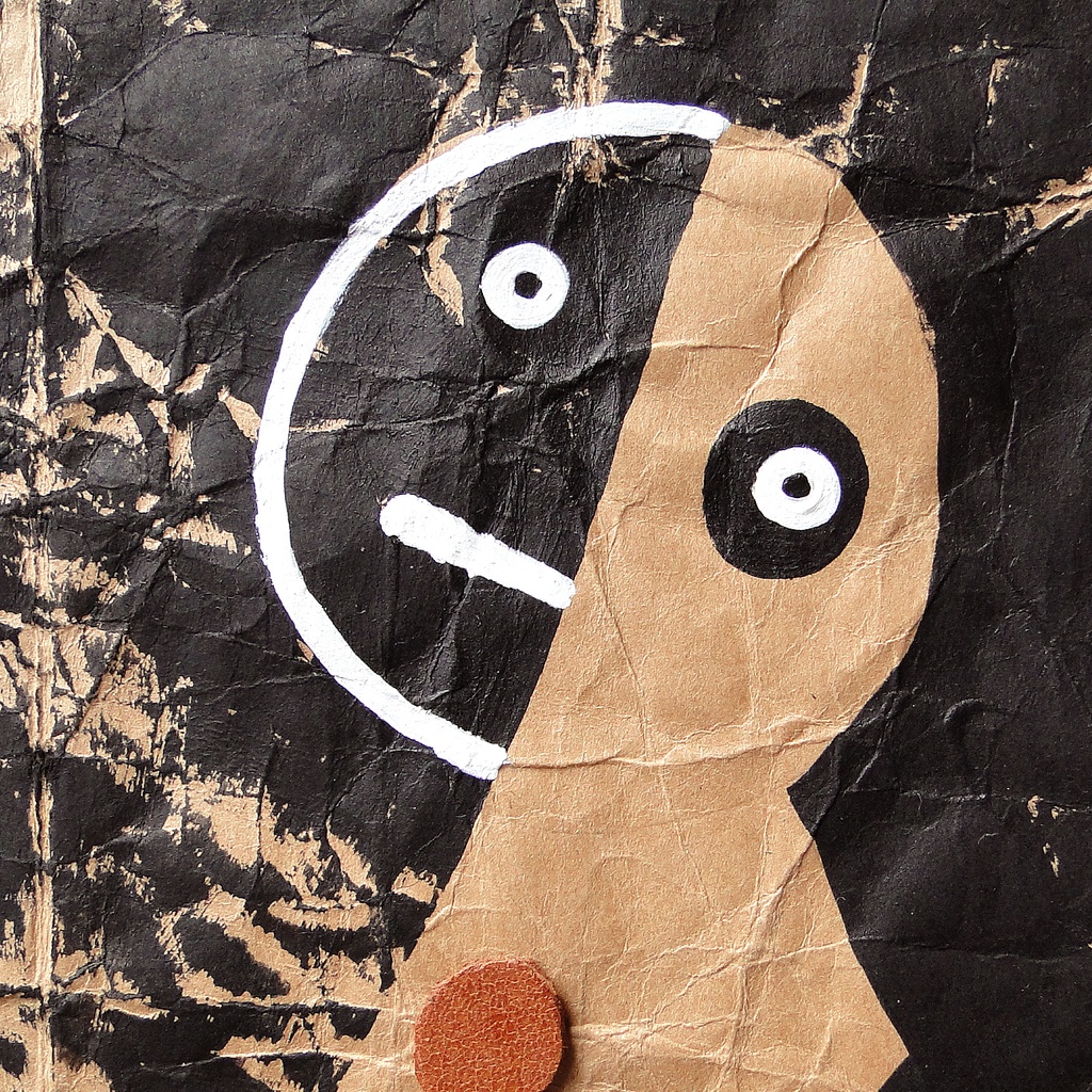 ヴィンテージ風くしゃくしゃアート 原画 絵画 キャンバス画 革ボタン 黒 No9