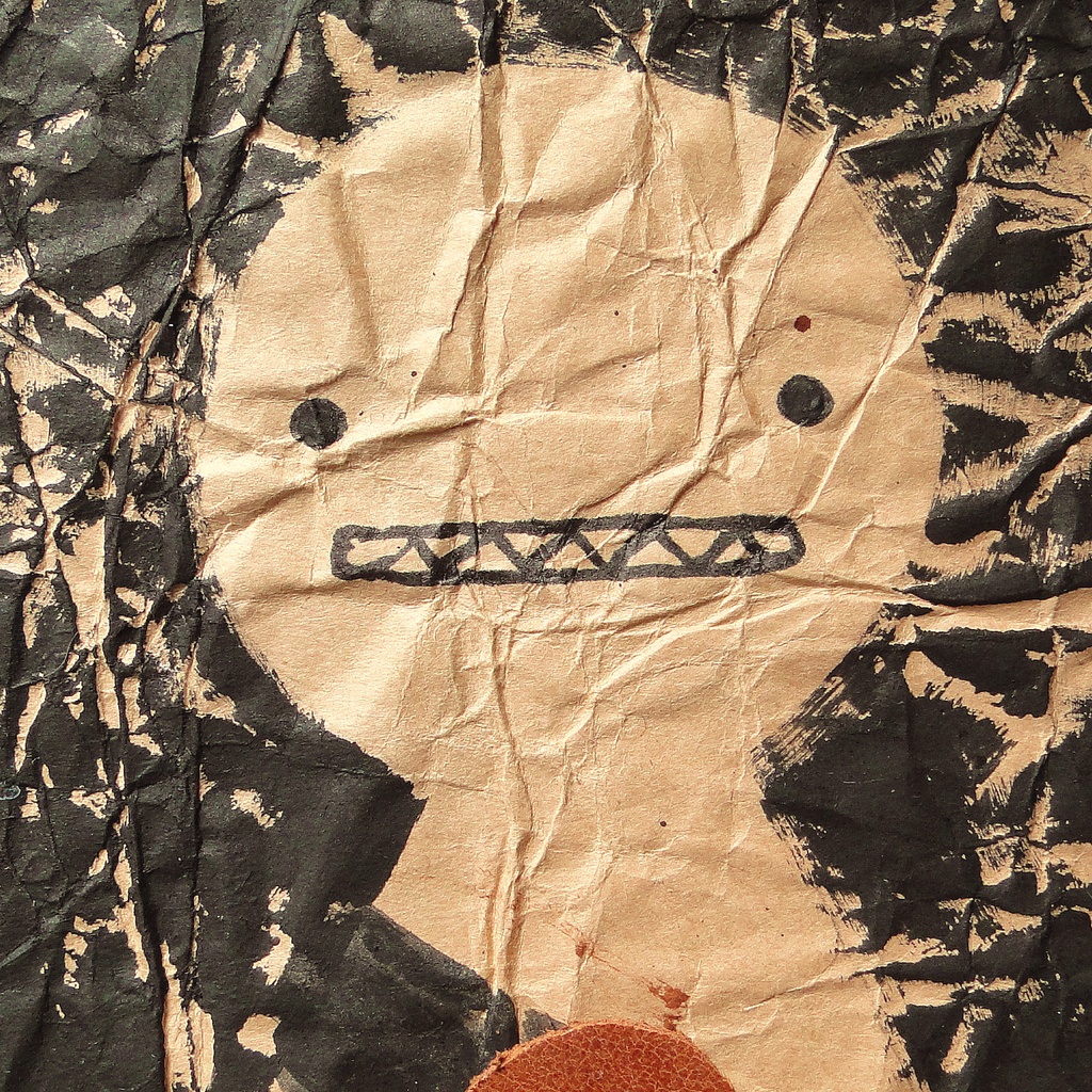 ヴィンテージ風くしゃくしゃアート 原画 絵画 キャンバス画 革ボタン 黒 No7