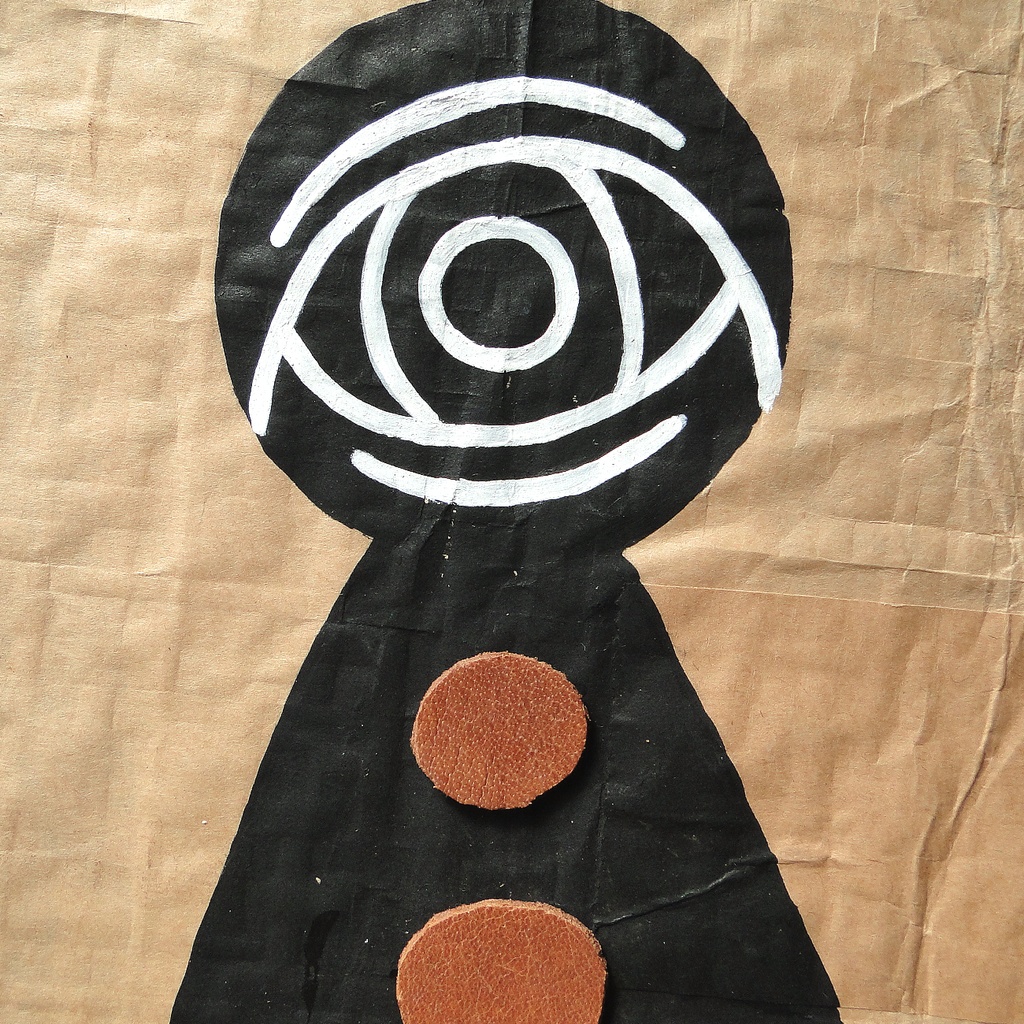 ヴィンテージ風くしゃくしゃアート 原画 絵画 キャンバス画 革ボタン ベージュ No4