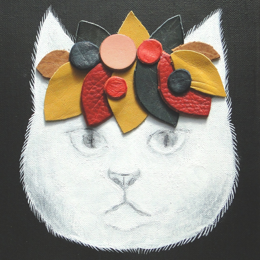 猫と革飾りのアート 原画 絵画 キャンバス画 動物の絵 壁飾り