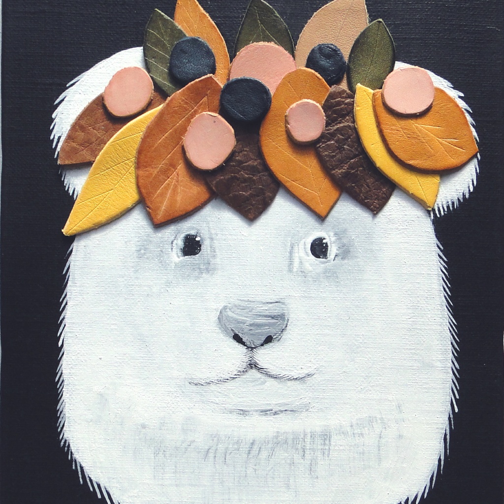 クマと革飾りのアート 原画 絵画 キャンバス画 動物の絵 壁飾り