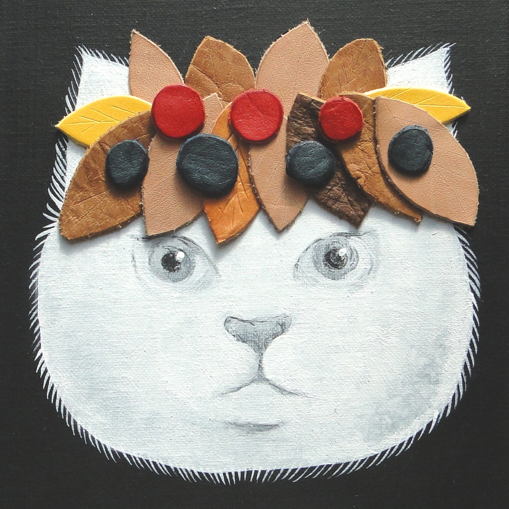 猫と革飾りのアート 原画 絵画 キャンバス画 動物の絵 壁飾り