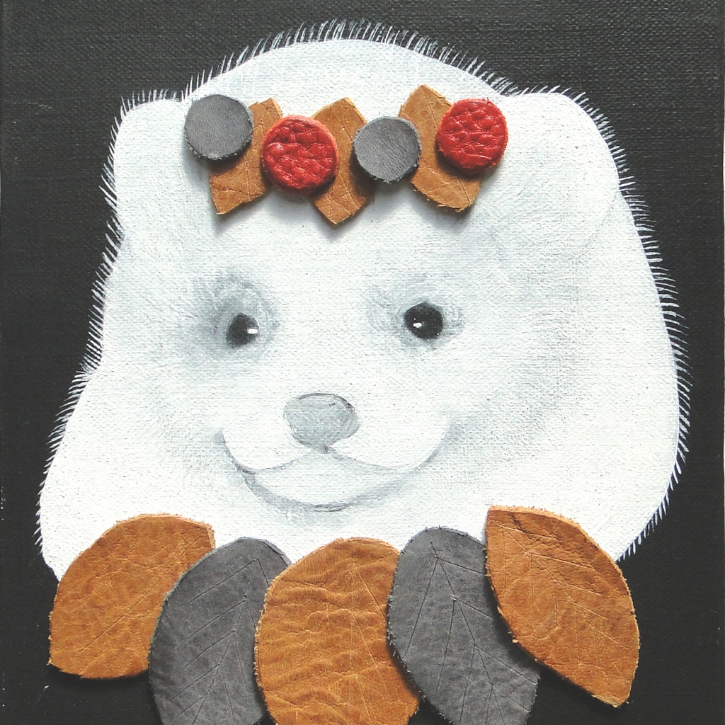 フェレットと革飾りのアート 原画 絵画 キャンバス画 動物の絵 イタチ 壁飾り