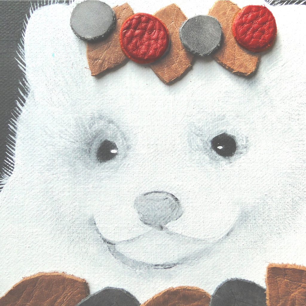 フェレットと革飾りのアート 原画 絵画 キャンバス画 動物の絵 イタチ 壁飾り