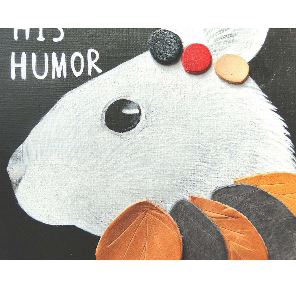 うさぎと革飾りのアート 原画 絵画 キャンバス画 動物の絵 小動物 壁飾り