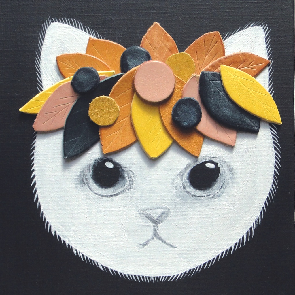 子猫と革飾りのアート 原画 絵画 キャンバス画 動物の絵 壁飾り