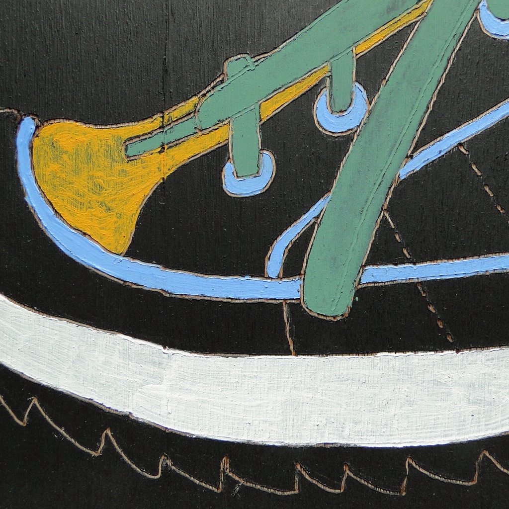 ネズミとスニーカーのウッドバーニングアート 原画 絵画 動物の絵 木工 木雑貨 壁飾り アナログイラスト アクリル画