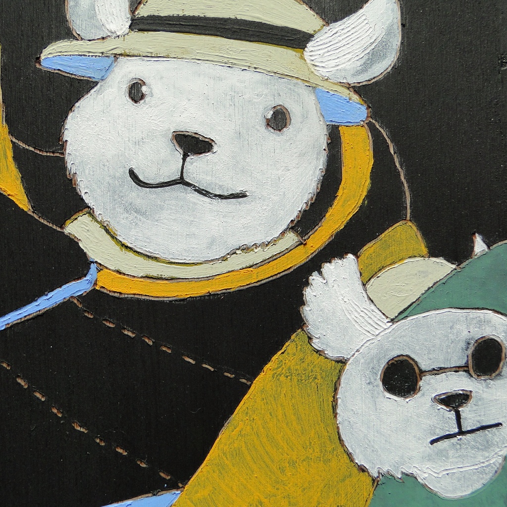 ネズミとスニーカーのウッドバーニングアート 原画 絵画 動物の絵 木工 木雑貨 壁飾り アナログイラスト アクリル画