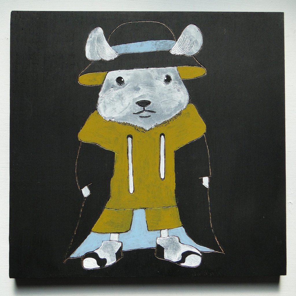 おしゃれ好きなネズミのウッドバーニングアート 原画 絵画 動物の絵 木工 木雑貨 壁飾り アナログイラスト アクリル画