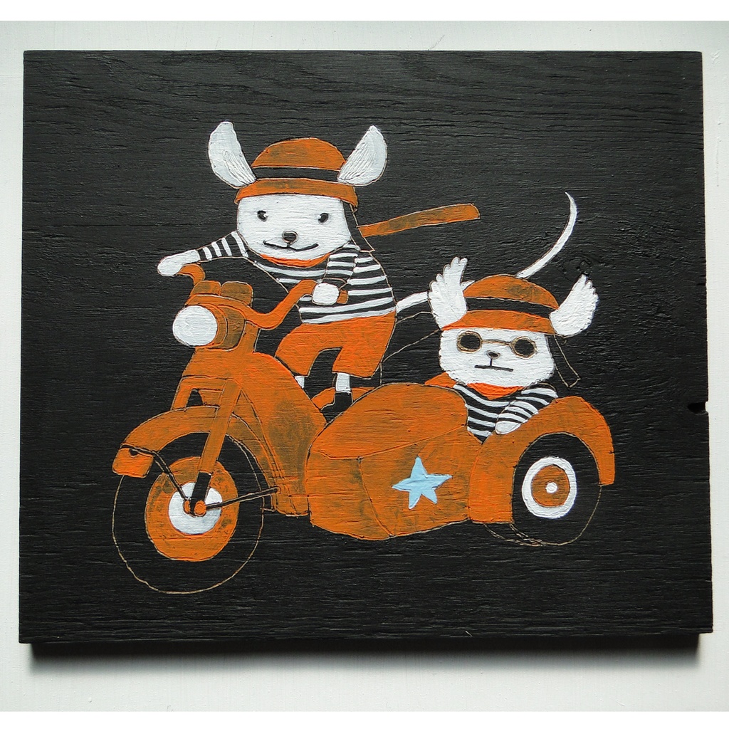 ネズミとバイクのウッドバーニングアート 原画 絵画 動物の絵 木工 木雑貨 壁飾り アナログイラスト アクリル画 