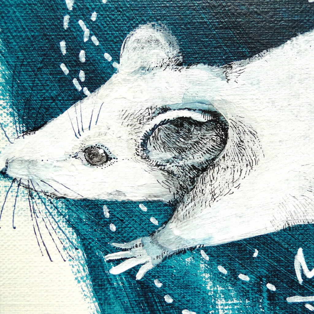 標本図風のネズミと骨の絵画 アート 原画 キャンバス画 動物の絵 理科 科学 サイエンス ペン画 アクリル画