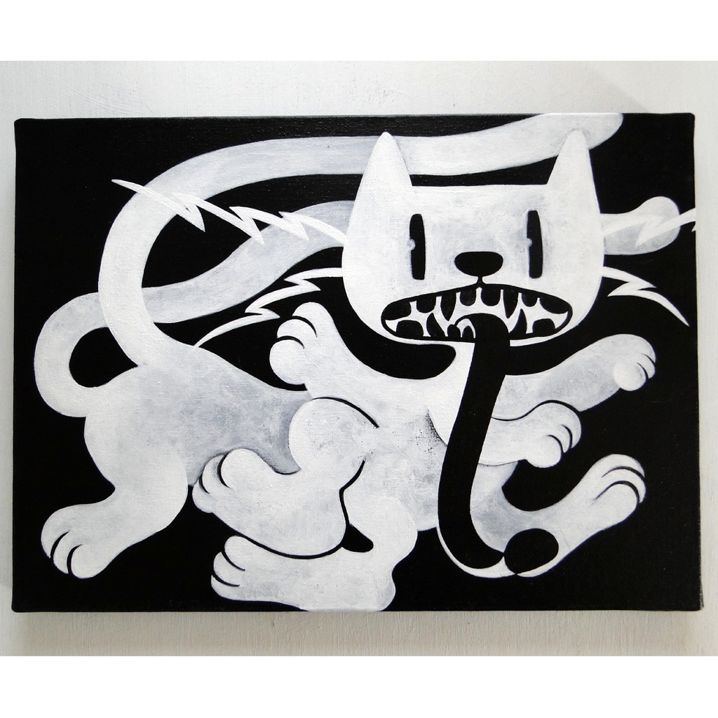 舌長の猫のグラフィティアート 原画 絵画 キャンバス画 モンスター 動物の絵 モノクロ 