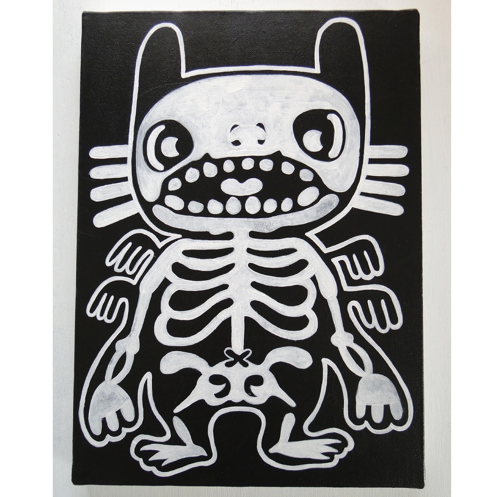 猫と骨のグラフィティアート 原画 絵画 キャンバス画 モンスター 動物の絵 モノクロ 
