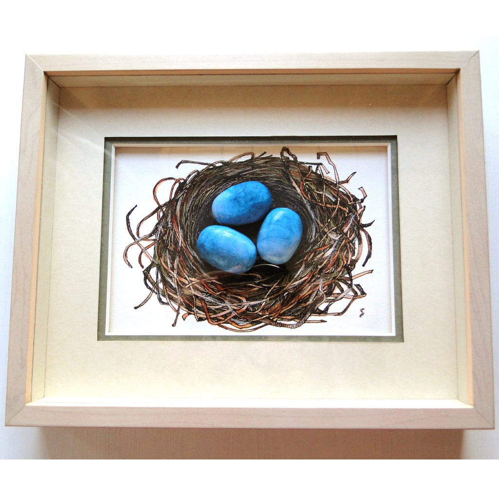 青い卵と鳥の巣の絵画 アート 原画 額装 水彩画 ペン画 
