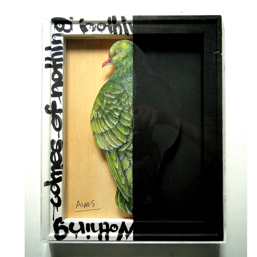 立体的な緑の鳥の絵画 アート 原画 アクリルフレーム 動物の絵 水彩画 ペン画 